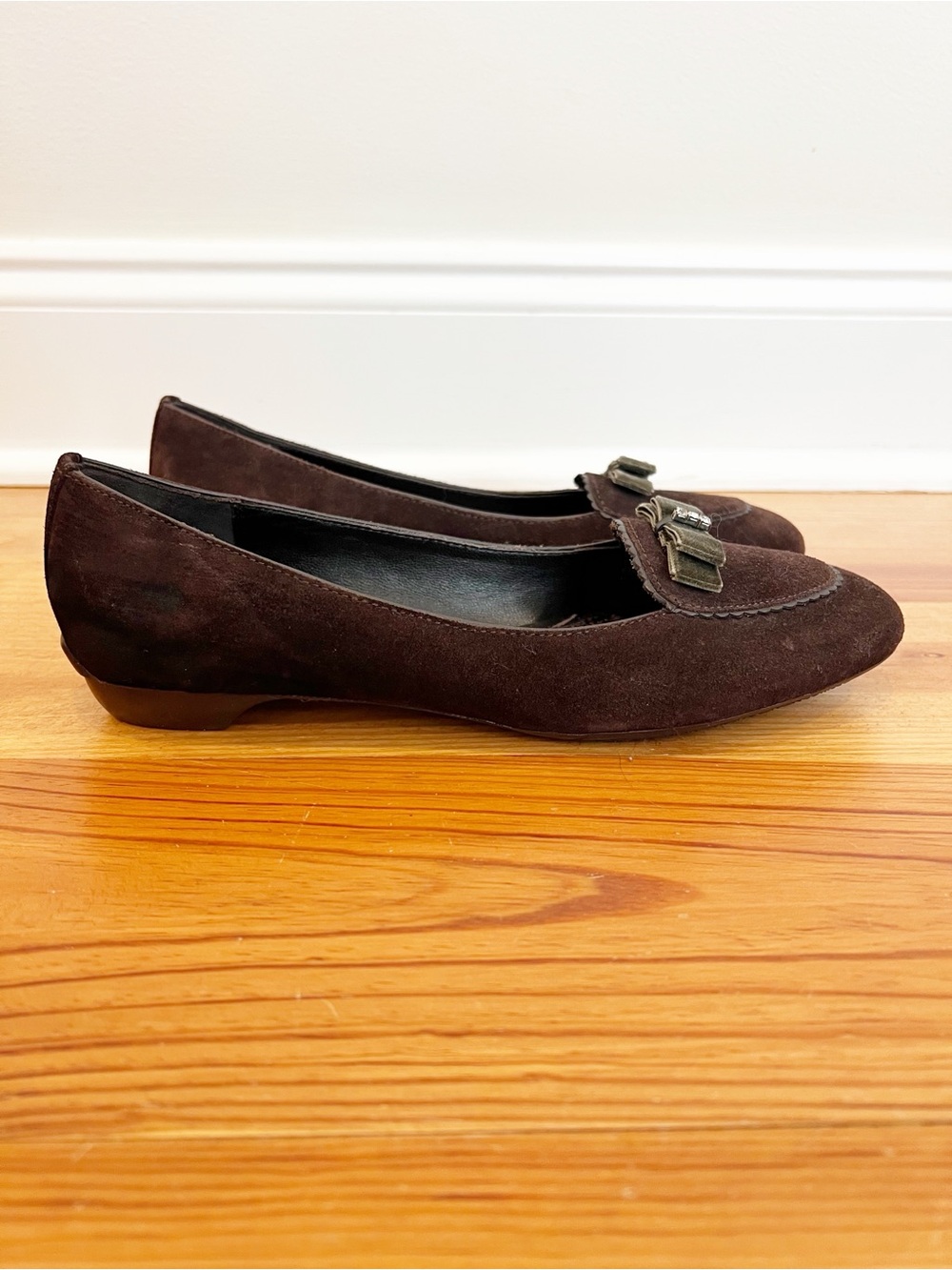 Coach Lidia Flats Loafers Womens 8 Chocolate Brown Suede Leather Bow Rhinestones